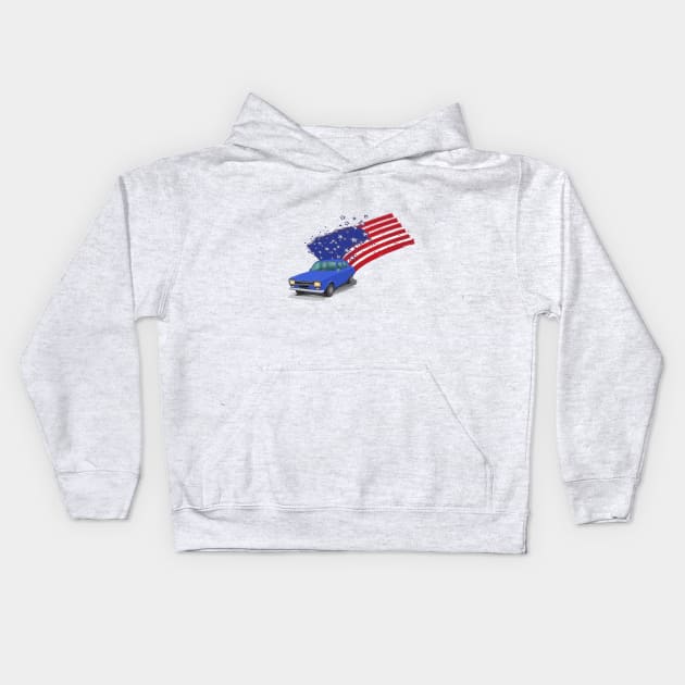 Iconic Ford Escort From the 70s with the American Flag behind - illustration Kids Hoodie by ibadishi